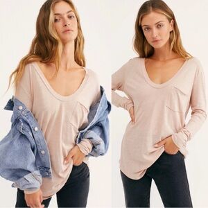 Free People Betty long sleeve tee! lightweight, soft top! V-neck, pink XL